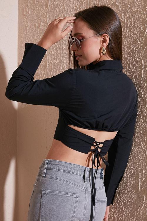 Fitted Fit Pamuklu Korse Detaylı Uzun Kollu Crop Bayan Gömlek 611GO00376 SİYAH