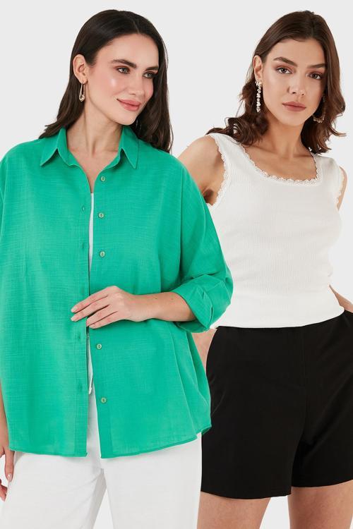Streç Pamuklu Oversize Fit 2' li Paket Bayan Gömlek-Atlet Set 67810014979S2 YEŞİL-EKRU