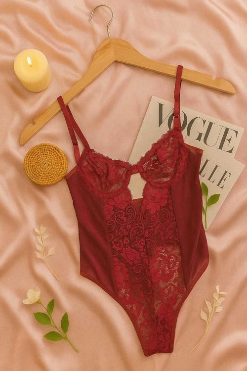 Kadın Bordo Transparan Tül Dantel İç Giyim