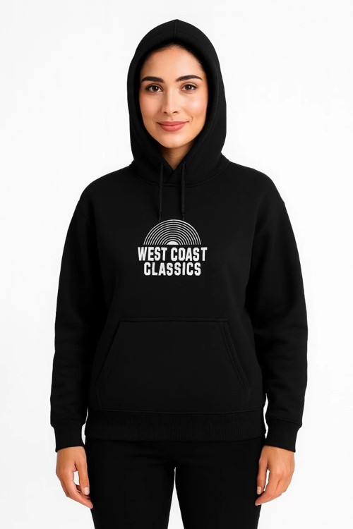 Kadın Üç İplik Kapüşonlu Ön ve Arka Baskılı SweatShirt hoodie - Siyah