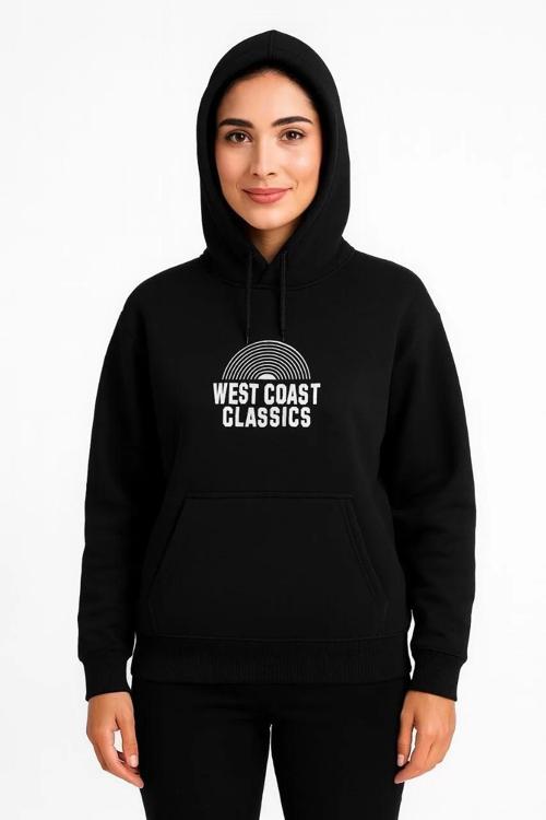 Kadın Üç İplik Kapüşonlu Ön ve Arka Baskılı SweatShirt hoodie - Siyah