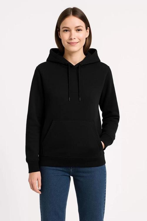 Kadın Üç İplik Kapüşonlu Kanguru Çepli SweatShirt hoodie - Siyah