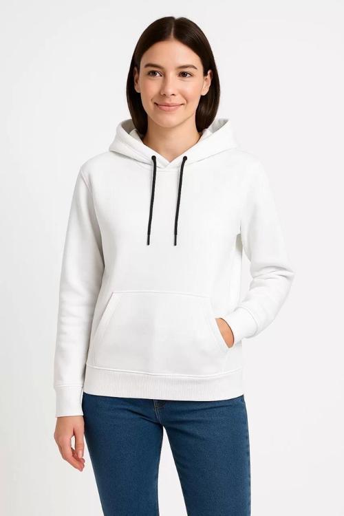Kadın Üç İplik Kapüşonlu Kanguru Çepli SweatShirt hoodie - Beyaz