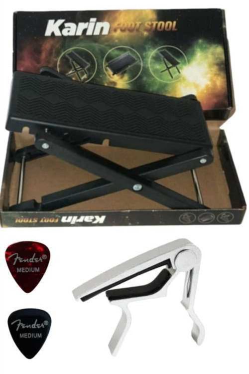 Gitar Ayak Standı Sehpası Guitar Foot Stool + 3 Fender Medium Picks Pena + Ukulele Kapo Guitar Capo