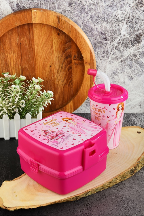 İki Katlı Beslenme Kutusu+Kapaklı Pipetli Bardak 400 Ml.
