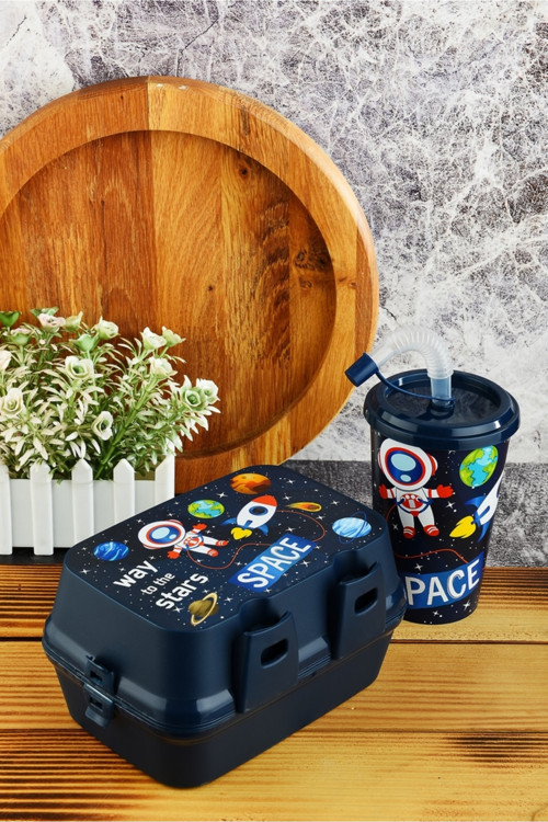 İki Katlı Bölmeli Beslenme Kutusu+Kapaklı Pipetli Bardak 400 Ml.