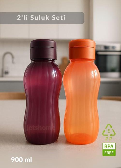 Suluk 2'li Set Su Şişesi BPA Free Okul Suluğu PP-5 Suluk Spor Okul Ofis Suluğu Mürdüm-Turuncu 900 ml