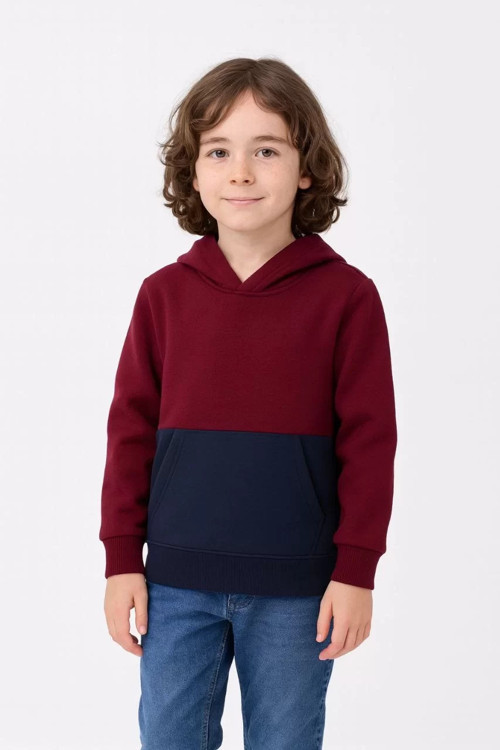 Erkek Çocuk Kapüşonlu Kanguru Cepli Parçalı SweatShirt - Renkli