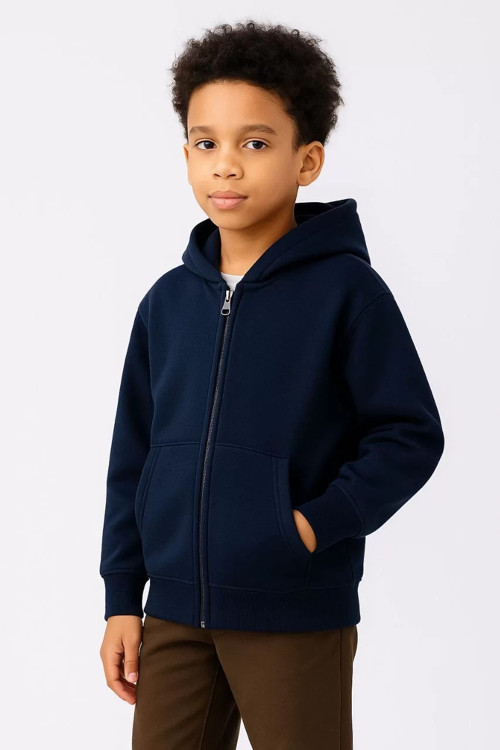 Erkek Çocuk Kapüşonlu Kanguru Çepli Tam Fermuarlı Hırka SweatShirt - Lacivert