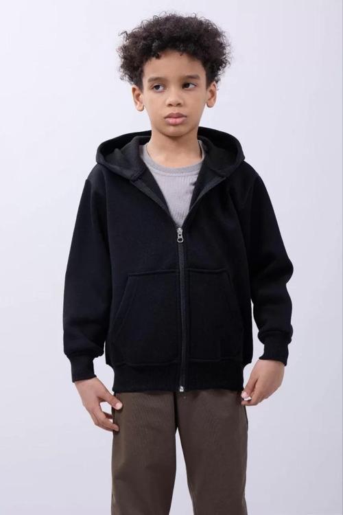 Erkek Çocuk Kapüşonlu Kanguru Çepli Tam Fermuarlı Hırka SweatShirt - Siyah