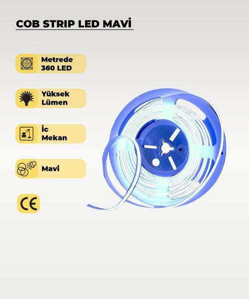 12V COB Şerit Led Mavi Işık  - Metrede 360 Led - 5 Metre
