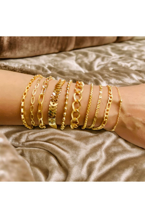 Altın Kaplama 10'Lu Kombin Bileklik Seti Gold Renk Kadın Zincir Bilezik Künye