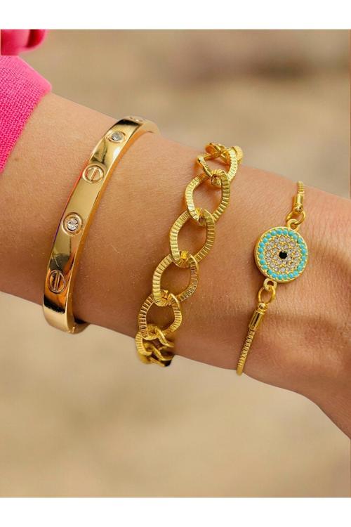 Altın Kaplama 3 Lü Kombin Bileklik Seti Gold Renk Kadın Zincir Bilezik Künye Asansör
