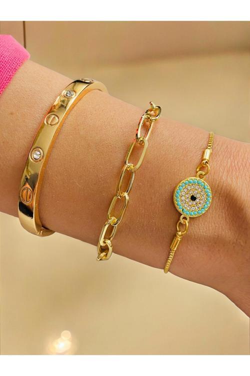 Altın Kaplama 3 Lü Kombin Bileklik Seti Gold Renk Kadın Zincir Bilezik Künye Asansör Pandora