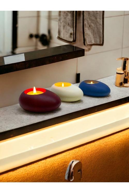 Three Drops Minimal Dekoratif Beton Tealight Mumluk 3'lü Set [ Bordo-Beyaz-Mavi ]