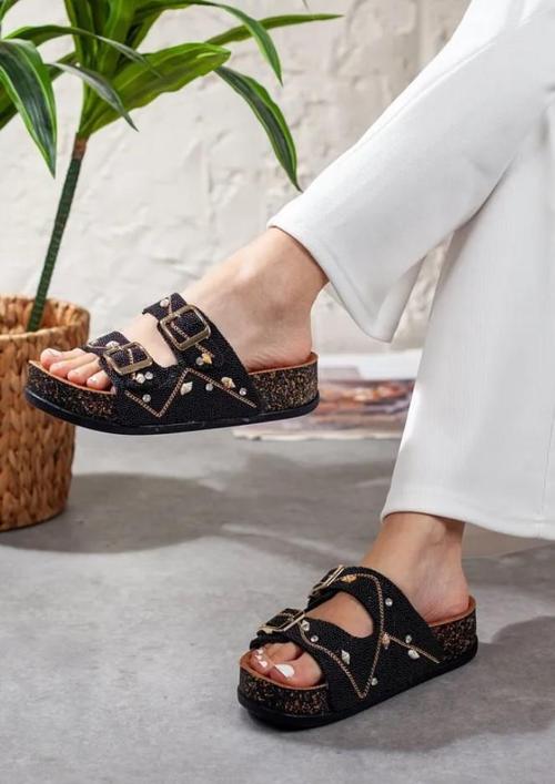 Feles Çift Toka Mantar Taban Taş Detaylı Kadın Terlik