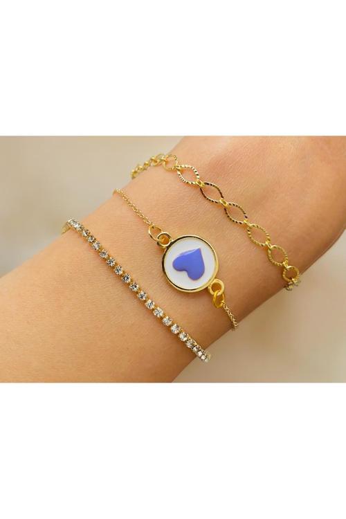 3 Lü Kombin Bileklik Seti Gold Renk Bilezik Künye Takımı Su Yolu Mavi Kalp