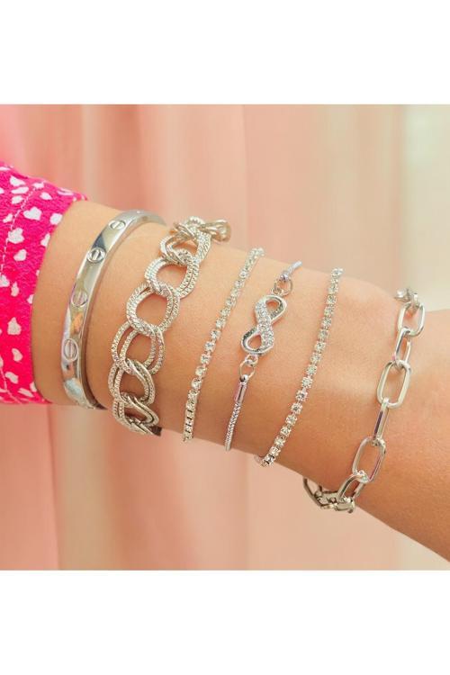 6 Lı Kombin Bileklik Seti Gümüş Renk Bilezik Künye Takımı Su Yolu Sonsuzluk