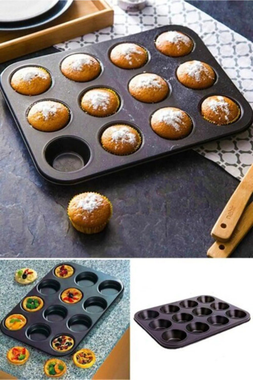 Probake Profesyonel 12'Li Muffin Kek Kalıbı - Yapışmaz Çift Kat Kaplamalı Siyah Çelik Fırın Tepsisi