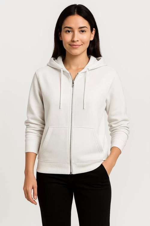 Kadın Üç İplik Kapüşonlu Tam Fermuarlı Kanguru Çepli SweatShirt Hoodie - Beyaz