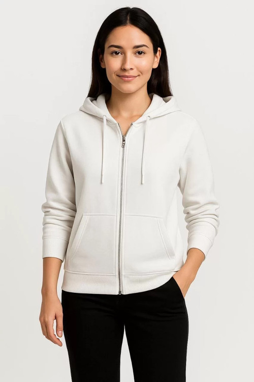 Kadın Üç İplik Kapüşonlu Tam Fermuarlı Kanguru Çepli SweatShirt Hoodie - Beyaz