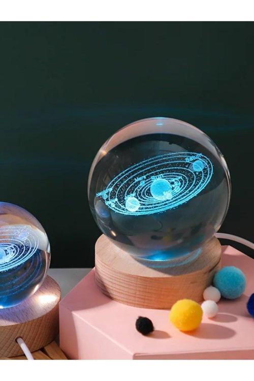 Ledli USB'li Ahşap Standlı Güneş Sistemi Küre Temalı Kristal Renkli RGB 3D Oda Masa ve Gece Lambası