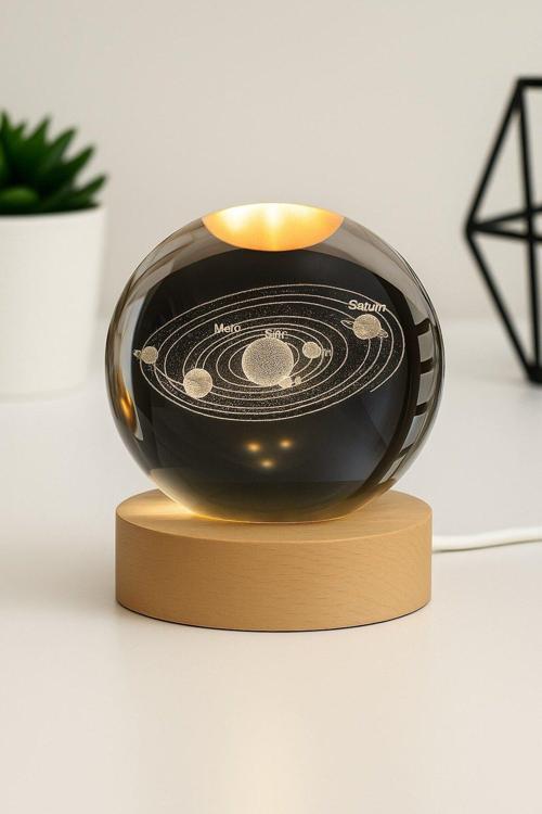 Ledli USB'li Ahşap Standlı Güneş Sistemi Temalı Kristal Küre Gün Işığı 3D Oda Masa ve Gece Lambası