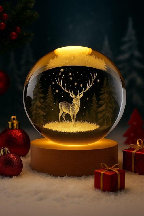 Ledli USB'li Ahşap Standlı Geyik Figürlü Temalı Kristal Küre Gün Işığı 3D Oda Masa ve Gece Lambası