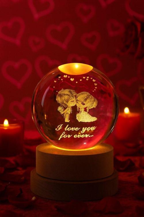 Ledli USB'li Ahşap Standlı Sevgili Çiftler I Love You Forever Kristal Küre Renkli RGB Led 3D Lamba