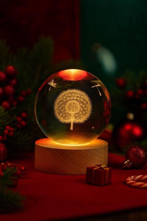 Ledli USB'li Ahşap Standlı Karahindiba Temalı Kristal Küre Gün Işığı 3D Oda Masa ve Gece Lambası
