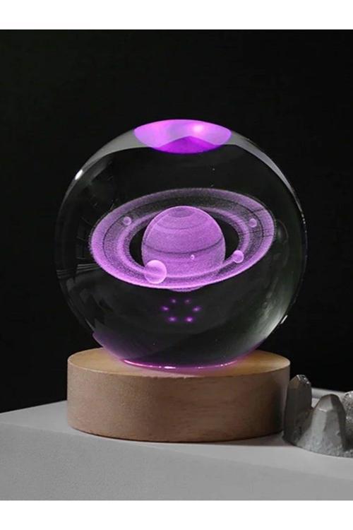 Ledli USB'li Ahşap Standlı Satürn Temalı Kristal Küre Renkli RGB LED 3D Oda Masa ve Gece Lambası