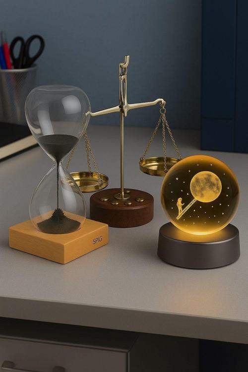 3’lü Masaüstü Dekorasyonu Aya Tırmanan Astronot Figürlü Led Işıklı Küre Adalet Terazisi ve Kum Saati
