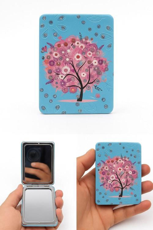 Işıltılı Yapraklar Sonbahar Sevgi Ağacı Temalı Katlanabilir Büyüteçli Mini Cep Makyaj Aynası Mavi