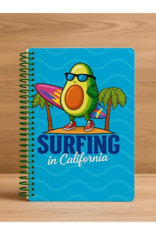 Öğrenci ve Ofis Kullanımı İçin Uygun Surfing in California Temalı Spiralli Çizgili Defter 80 Yaprak