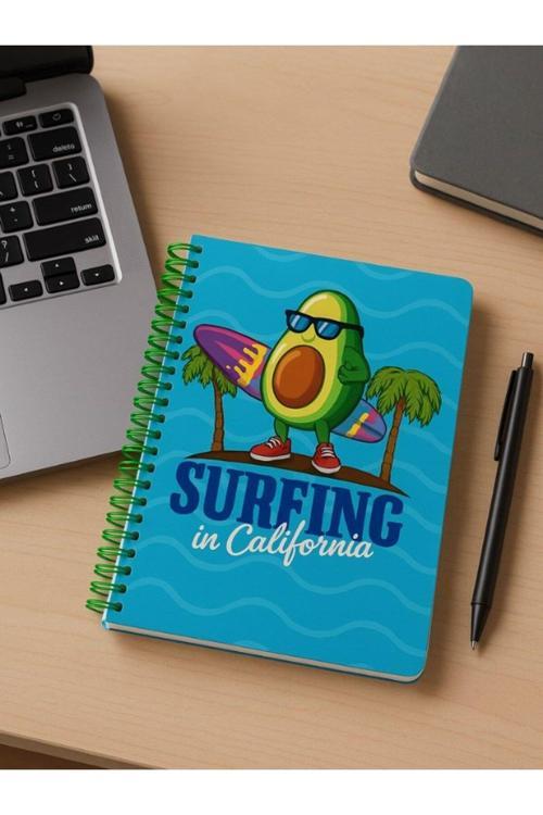 Öğrenci ve Ofis Kullanımı İçin Uygun Surfing in California Temalı Spiralli Kareli Defter 80 Yaprak