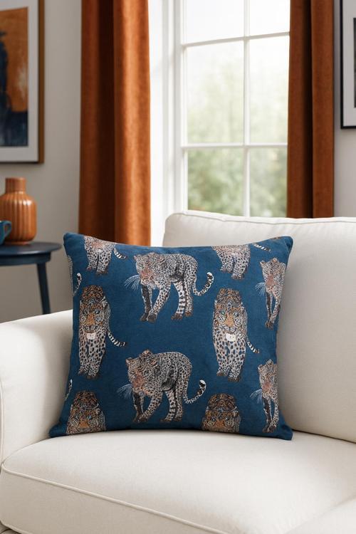 Leopar Kadife Kırlent Kılıfı Lacivert 45x45