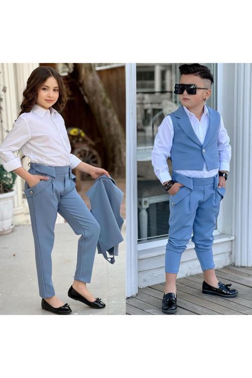 Yelekli Şalval Pantolon Görünümlü 3'Lü Unisex Çocuk Takım