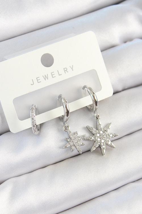 Pirinç Zirkon Taşlı Kutup Yıldızı Model Gümüş Renk 3'lü Çift Kadın Küpe Set