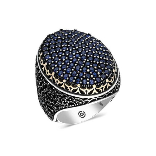 Gümüş Lacivert Zirkon Taşlı Oval Erkek Yüzük SL2306
