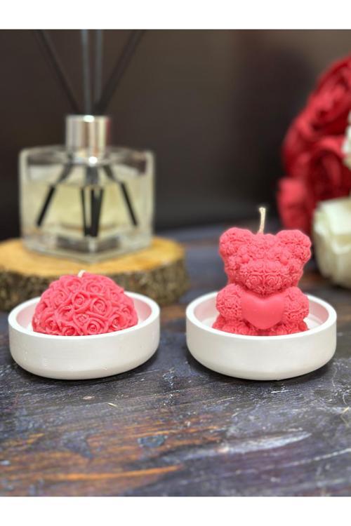 El Yapımı Dekoratif Oval Kase Soya Mum | Pembe Ayıcık Sevgililer Günü Hediye Konsept Mum