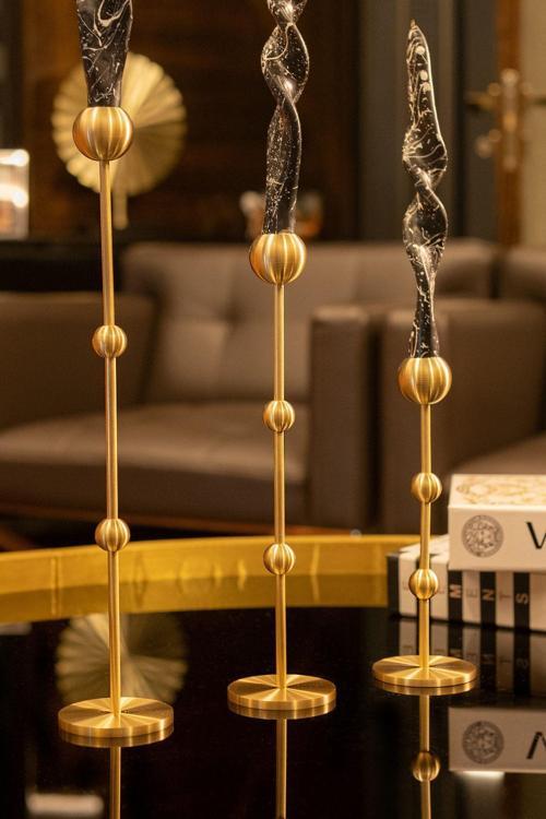 Pirinç El Yapımı Uzun Toplu Şamdan Dubai Üçlü Set