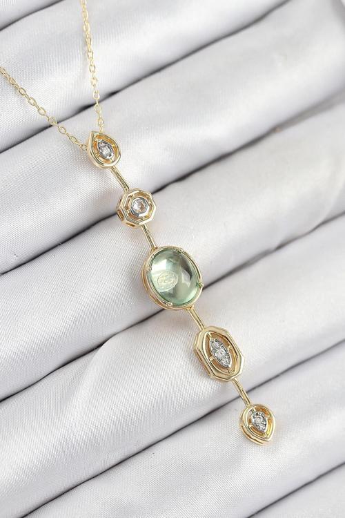 Pirinç Zincir Yeşil Gold Renk Zirkon Taşlı Y Kolye NELW0069