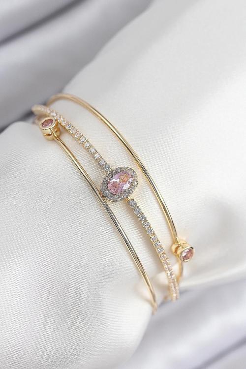 Pirinç Zirkon Taşlı Baget Model Gold Renk Kadın Bileklik NELW0015