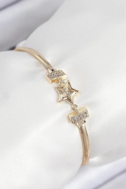 Pirinç Zirkon Taşlı Yıldız Model Gold Renk Kadın Bileklik NELW0055