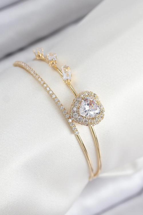 Pirinç Zirkon Taşlı Kalp Model Gold Renk Kadın Bileklik NELW0007