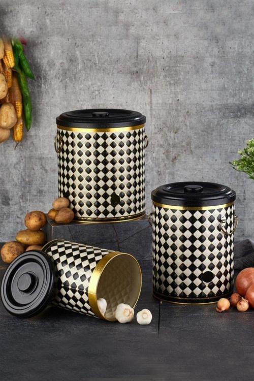 Damalı Metal Patates Soğan Sarımsak Kovası 3’lü Set