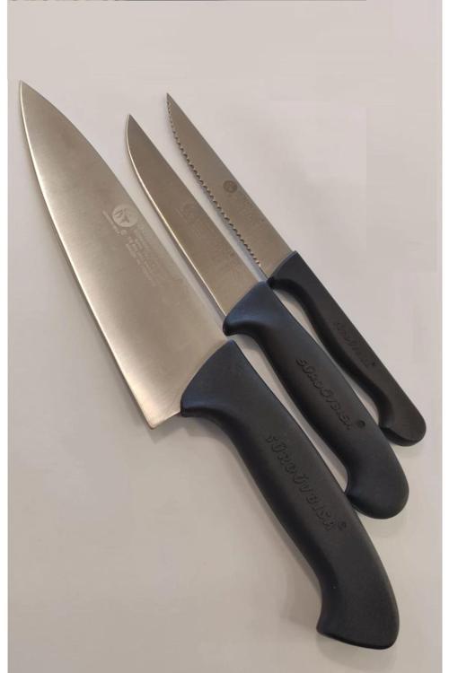 Sürdövbisa 3'lü Şef Bıçaklı Mutfak Seti Siyah Plastik Sap