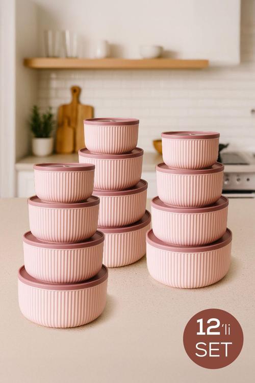 12'li Çizgili Yuvarlak Saklama Kabı Seti Pembe