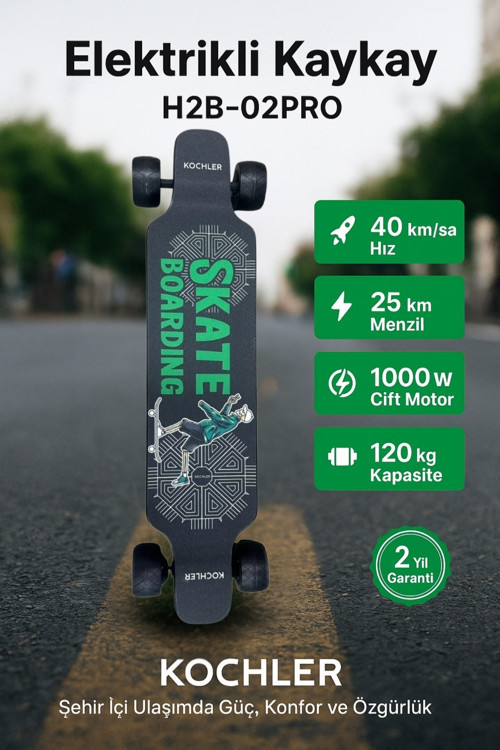 Elektrikli Kaykay H2B-02PRO – 40 km/h Hız, 25 km Menzil, 120 kg Taşıma, Çift Motor 1000W Güçlü Model