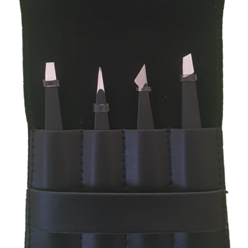 TWZSET4001 Deri Çantalı 4'lü Paslanmaz Çelik Cımbız Seti - Siyah/Siyah